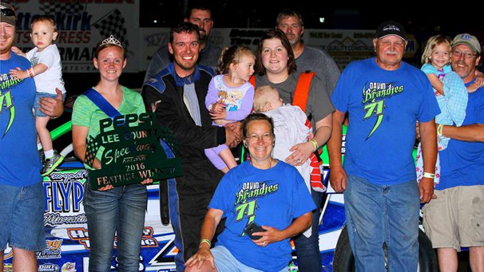 David-Brandies-celebrates-winning-the-2nd-night-of-the--21st-Annual-Budweiser-and-Musco-Lighting-IMCA-Stock-Car-Shootout-at-the-Lee-County-Speedway