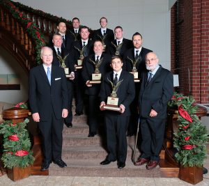 IMCA honored its national champions during the annual awards banquet Saturday in Lincoln, Neb. From left in front are Speedway Motors President Clay Smith, Southern SportMod champion Jeffrey Abbey and RaceSaver founder French Grimes. Second row, Stock Car champion Mike Nichols, Late Model champion Rob Toland and Sprint Car champion Andy Shouse. Third row, IMCA President Brett Root, Modified champion Jordan Grabouski and Northern SportMod champion Tony Olson. Top row, Hobby Stock champion Shannon Anderson and Sport Compact champion Nate Coopman. (Photo by Bruce Badgley, Motorsports Photography)