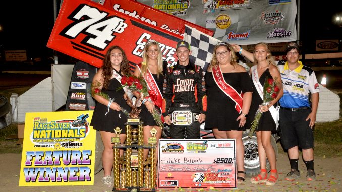 Eagle-09-06-20-Nationals-650 Jake Bubak became a first-time RaceSaver Nationals champion, leading the last six laps of the $2,500 to win main event Sunday night at Eagle Raceway. (Photo by Joe Orth)