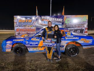 Mike Nichols moved to the top of IMCA’s all-time wins list with his career 558th IMCA Sunoco Stock Car feature win on Sept. 3 at Abe’s U.S. 30 Speedway in Columbus, Neb. He is pictured in victory lane with wife Anita. (Photo courtesy of Abe’s U.S. 30 Speedway)