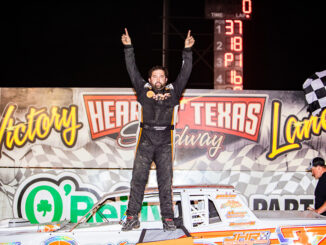 Jeffrey Abbey won Heart O’ Texas Speedway’s Baby Blue Harcrow special for a second time, taking the $1,515 IMCA Sunoco Stock Car checkers Friday night. (Photo by Stacy Kolar, Southern Sass Photography)