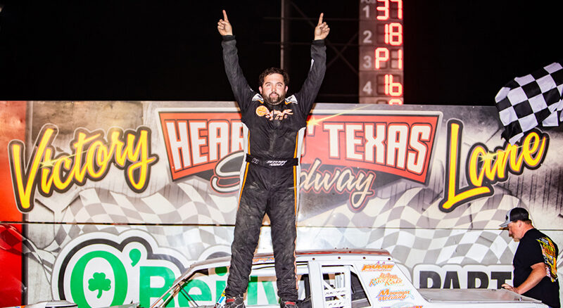 Jeffrey Abbey won Heart O’ Texas Speedway’s Baby Blue Harcrow special for a second time, taking the $1,515 IMCA Sunoco Stock Car checkers Friday night. (Photo by Stacy Kolar, Southern Sass Photography)