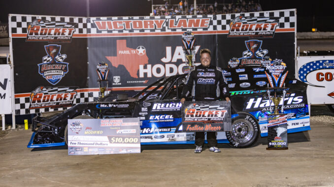 Cody Thompson got a huge dose of momentum headed to Boone with his $10,000 Friesen Performance IMCA Modified win at Rocket Raceway Park’s Bryan Mize Memorial, (Photo by Stacy Kolar, Southern Sass Photography)