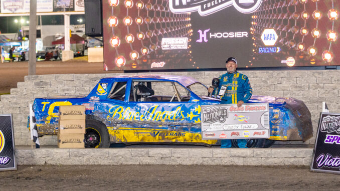 HOBB Brandon Nielsen VL PB Byron Fichter Fotography Brandon Nielsen of Spencer, celebrates in victory lane after winning the Sunoco IMCA Hobby Stock Qualifier 3 on Sept. 2 during the Speedway Motors IMCA Super Nationals fueled by Casey’s at Boone Speedway. (Photo by Byron Fichter Fotography)