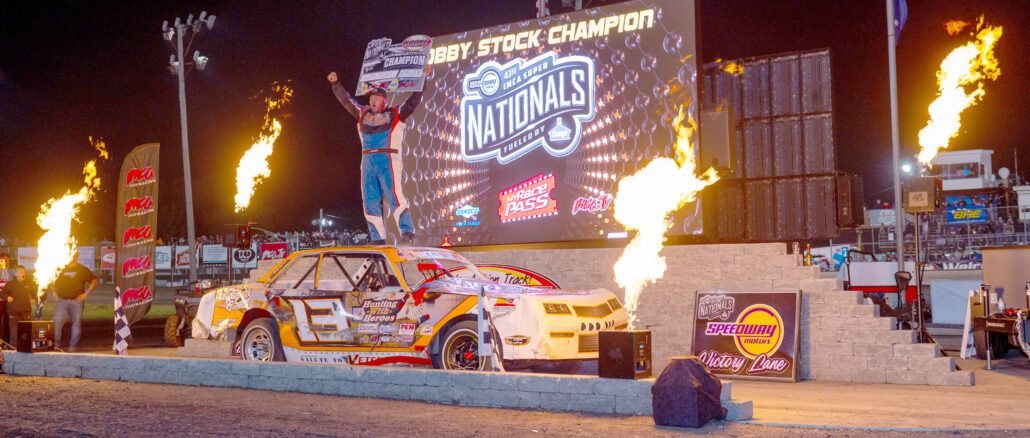 Dylan Nelson stood in victory lane after winning the Sunoco IMCA Hobby Stock Big Dance on Sept. 6 at Boone Speedway during the Speedway Motors IMCA Super Nationals fueled by Casey’s, his second career Super Nationals crown in the division. (Photo by Byron Fichter Fotography)