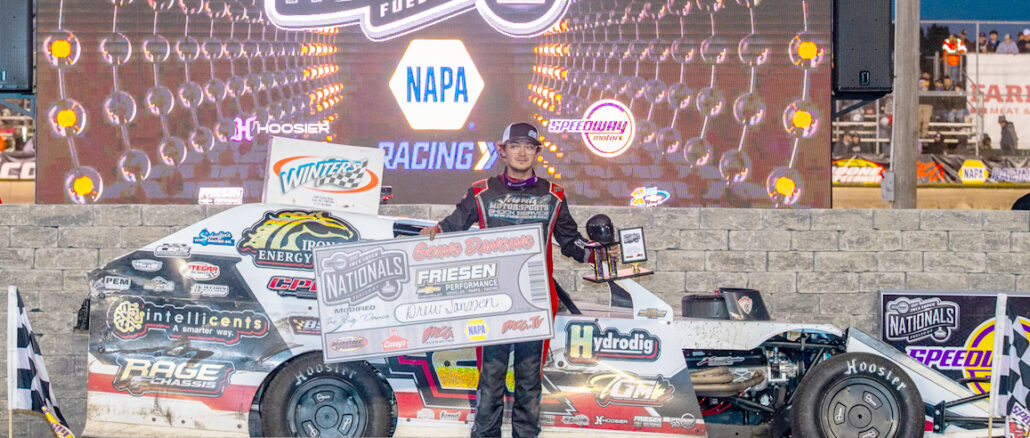 Drew Janssen raced the Danny Meier-owned no. 127 machine to victory in Friday’s fifth Friesen Performance IMCA Modified qualifier during the Speedway Motors IMCA Super Nationals fueled by Casey’s at Boone Speedway on Sept. 5. (Photo by Byron Fichter Fotography)