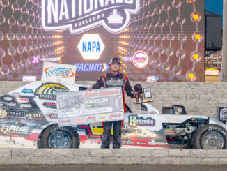 Drew Janssen raced the Danny Meier-owned no. 127 machine to victory in Friday’s fifth Friesen Performance IMCA Modified qualifier during the Speedway Motors IMCA Super Nationals fueled by Casey’s at Boone Speedway on Sept. 5. (Photo by Byron Fichter Fotography)