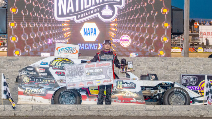 MOD Drew Janssen VL PB Byron Fichter Fotography Drew Janssen raced the Danny Meier-owned no. 127 machine to victory in Friday’s fifth Friesen Performance IMCA Modified qualifier during the Speedway Motors IMCA Super Nationals fueled by Casey’s at Boone Speedway on Sept. 5. (Photo by Byron Fichter Fotography)