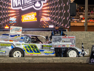 Johnny Whitman drove the Jerovetz Motorsports no. 08 to victory in Friesen Performance IMCA Modified Qualifier 3 on Sept. 4 at Boone Speedway during the Speedway Motors IMCA Super Nationals fueled by Casey’s, locking himself into the middle row of Saturday’s Big Dance. (Photo by Byron Fichter Fotography)
