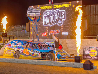 Tim Ward celebrated in victory lane after winning the 40-lap Friesen Performance IMCA Modified Big Dance on Sept. 6 at Boone Speedway during the Speedway Motors IMCA Super Nationals fueled by Casey’s, his second career Super Nationals Modified crown. (Photo by Byron Fichter Fotography)