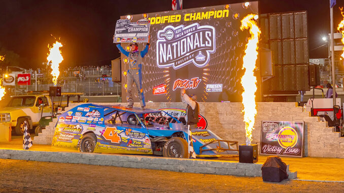 MOD Tim Ward VL PB Byron Fichter Fotography Tim Ward celebrated in victory lane after winning the 40-lap Friesen Performance IMCA Modified Big Dance on Sept. 6 at Boone Speedway during the Speedway Motors IMCA Super Nationals fueled by Casey’s, his second career Super Nationals Modified crown. (Photo by Byron Fichter Fotography)