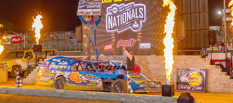 Tim Ward celebrated in victory lane after winning the 40-lap Friesen Performance IMCA Modified Big Dance on Sept. 6 at Boone Speedway during the Speedway Motors IMCA Super Nationals fueled by Casey’s, his second career Super Nationals Modified crown. (Photo by Byron Fichter Fotography)