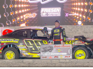 Damon Murty charged from 23rd starting to win Friday’s sixth Sunoco IMCA Stock Car qualifier during the Speedway Motors IMCA Super Nationals fueled by Casey’s at Boone Speedway on Sept. 5. (Photo by Byron Fichter Fotography)
