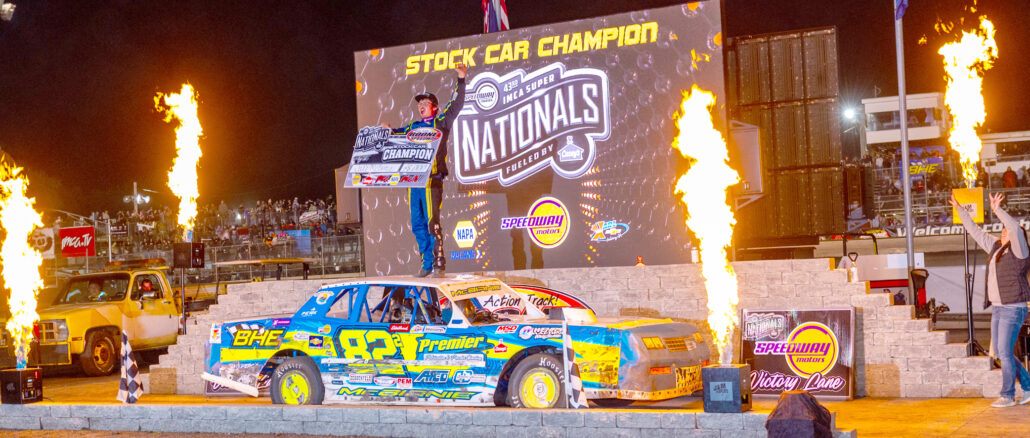 Jake McBirnie celebrated in victory lane after capturing his first Sunoco IMCA Stock Car Super Nationals crown in the Big Dance on Sept. 6 at Boone Speedway during the Speedway Motors IMCA Super Nationals fueled by Casey’s. (Photo by Byron Fichter Fotography)