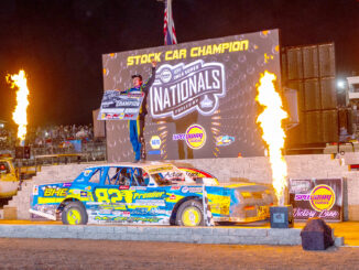Jake McBirnie celebrated in victory lane after capturing his first Sunoco IMCA Stock Car Super Nationals crown in the Big Dance on Sept. 6 at Boone Speedway during the Speedway Motors IMCA Super Nationals fueled by Casey’s. (Photo by Byron Fichter Fotography)