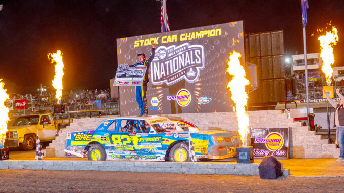 SC Jake McBirnie VL PB Byron Fichter Fotography (2) Jake McBirnie celebrated in victory lane after capturing his first Sunoco IMCA Stock Car Super Nationals crown in the Big Dance on Sept. 6 at Boone Speedway during the Speedway Motors IMCA Super Nationals fueled by Casey’s. (Photo by Byron Fichter Fotography)
