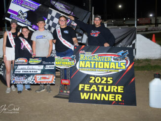 Carson Bolden celebrates in victory lane after winning the Friday Sprint Car qualifier during the 13th annual RaceSaver IMCA Sprint Car Nationals at Eagle Raceway on Aug. 29. (Photo by Joe Orth Photo)