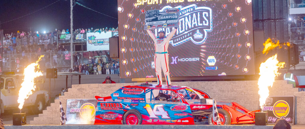 Jake Sachau stood atop his car in victory lane after earning his second career Karl Chevrolet IMCA Northern SportMod Super Nationals championship in the Big Dance on Sept. 6 at Boone Speedway during the Speedway Motors IMCA Super Nationals fueled by Casey’s. (Photo by Byron Fichter Fotography)